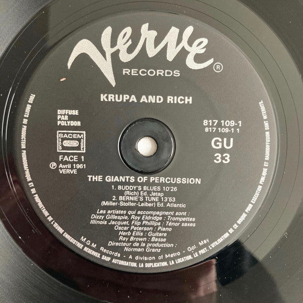 Image of Label Cover of LP - VG/EX - GENE KRUPA AND BUDDY RICH, Krupa And Rich (Verve Records; 817 109-1, France 1984 Reissue), ,  - 4326153E