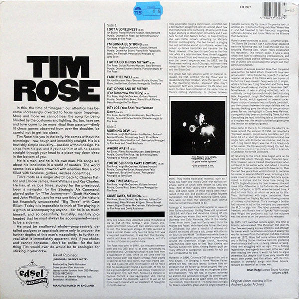 Image of Back Cover of 3044241S: LP - TIM ROSE, Morning Dew (Edsel; ED 267, UK 1988 Reissue) Strong VG, Stickers on sleeve- A bit too stuck to remove  VG/VG