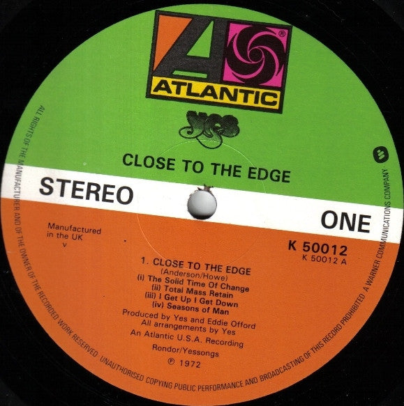Image of Label Cover of LP - VG/VG+ - YES, Close To The Edge (Atlantic Orange & Green - With W Logo On Label Rim; K 50012, UK 1975 Reissue, Gatefold, White Lyric Inner), ,  - 2626240E