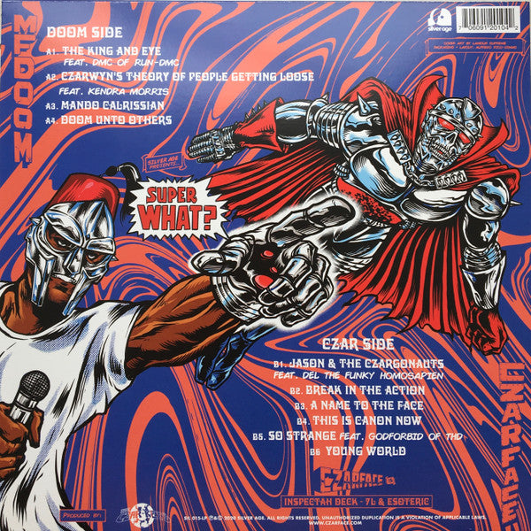 Image of Back Cover of LP - NEW/NEW - CZARFACE, MF DOOM, Super What? (Silver Age; SIL015LP, US 2021), , The icon MF Doom unleashes his wizardry and wordplay throughout the record, while Czarface (bolstered by the legendary Wu-Tang Clan's Inspectah Deck and Esoteric) slash through each of the Czar-Keys' produced tracks as the team raises the bar on their previous LP, Czarface meets Metalface. Featuring golden-age superhero DMC (of Run DMC) and Hieroglyphics' leader Del The Funky Homosapien, with art by longt