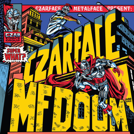 Image of Front Cover of LP - NEW/NEW - CZARFACE, MF DOOM, Super What? (Silver Age; SIL015LP, US 2021), , The icon MF Doom unleashes his wizardry and wordplay throughout the record, while Czarface (bolstered by the legendary Wu-Tang Clan's Inspectah Deck and Esoteric) slash through each of the Czar-Keys' produced tracks as the team raises the bar on their previous LP, Czarface meets Metalface. Featuring golden-age superhero DMC (of Run DMC) and Hieroglyphics' leader Del The Funky Homosapien, with art by long