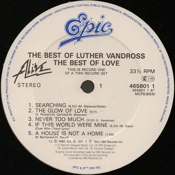 Image of Label Cover of 2xLP - VG+/VG - LUTHER VANDROSS, The Best Of Luther Vandross... The Best Of Love (Epic; 465801 1, UK 1989, Gatefold), Light Marks only.,  - 2616029C