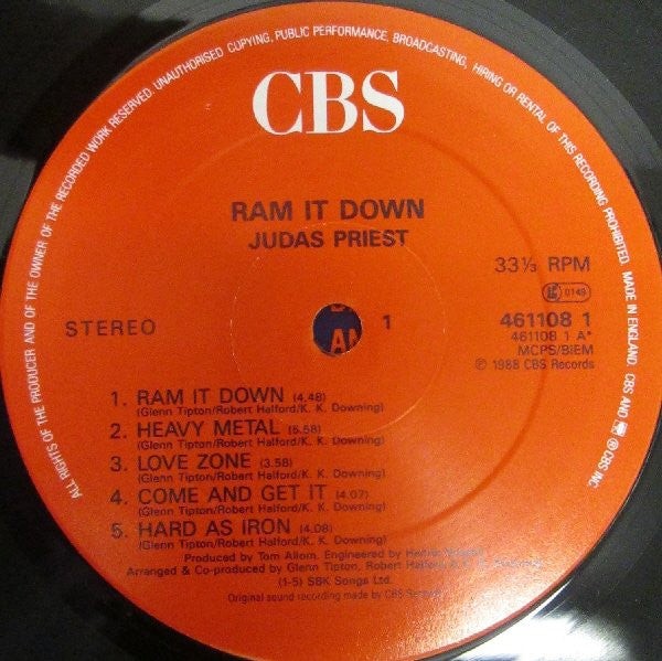 Image of Label Cover of LP - VG/VG - JUDAS PRIEST, Ram It Down (CBS; 461108 1, UK 1988, Inner), With Merchandise Sheet, Sticker Has Removed Varnish,  - 2726174E