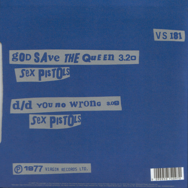 Image of Back Cover of 3725133E: 7" - SEX PISTOLS, God Save The Queen / Did You No Wrong (Virgin; VS 181, Europe 2007 Reissue, Picture Sleeve, Heavy Vinyl) Strong VG+  EX/VG+