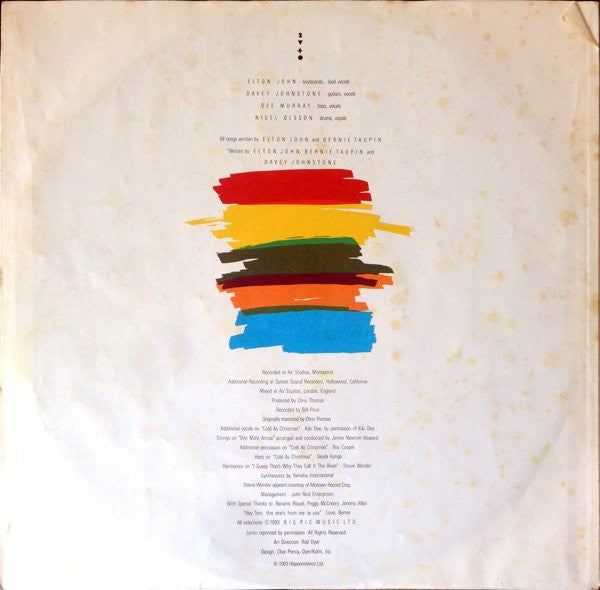 Image of Back Cover of LP - VG/VG+ - ELTON JOHN, Too Low For Zero (The Rocket Record Company; HIS PD 24, UK 1983, Non-Stickered, Die Cut Sleeve, Inner), Gold Promo Stamp On Rear Sleeve,  - 4426088E