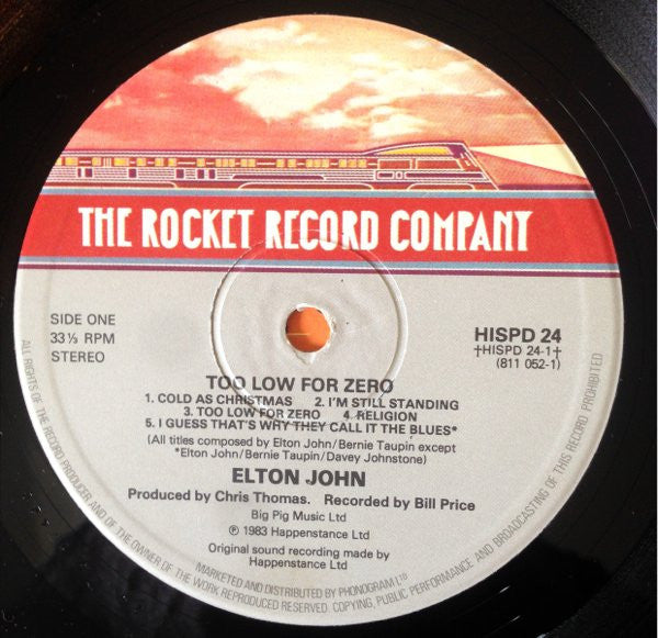Image of Label Cover of LP - VG/VG+ - ELTON JOHN, Too Low For Zero (The Rocket Record Company; HIS PD 24, UK 1983, Non-Stickered, Die Cut Sleeve, Inner), Gold Promo Stamp On Rear Sleeve,  - 4426088E