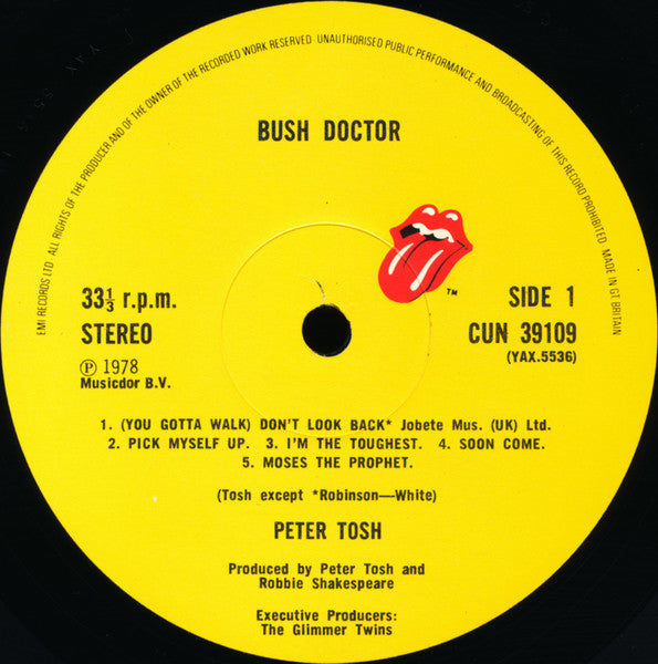 Image of Label Cover of 4745356S: LP - PETER TOSH, Bush Doctor (Rolling Stones Records ; CUN 39109 OC 064-61 708, UK 1978, Laminated Sleeve, Inner, Released with a scratch and sniff sticker on the front cover that smells of patchouli oil although most people would connect it with the "reefa".Comes with an inner lyrics sleeve that does not contain the lyrics to "(You Gotta Walk) Don't Look Back")   VG/G+