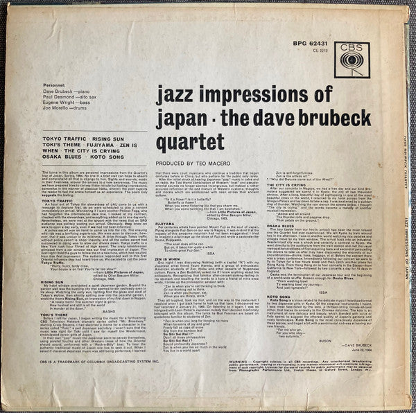 Image of Back Cover of 4715378C: LP - DAVE BRUBECK QUARTET, Jazz Impressions of Japan (Columbia; BPG 62431, UK 1964, Pasteback Sleeve, Mono) Sleeve has some light wear at corners; light stains and small pencil writing on reverse  VG/VG
