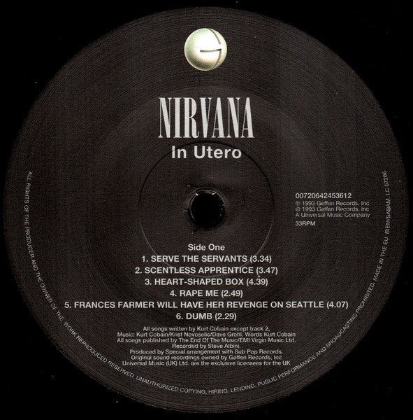 Image of Label Cover of LP - EX/VG+ - NIRVANA, In Utero (Geffen Records; 0720642453612, Europe 2015 Reissue, Inner, 180 Gram Vinyl), ,  - 2126048E