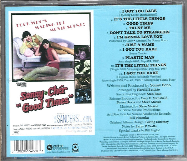 Image of Back Cover of CD - VG+/VG+ - SONNY & CHER, Good Times (Original Movie Soundtrack) (Var se Sarabande; 302 067 427 8, US 2016 Reissue, Jewel Case), ,  - 3516476C
