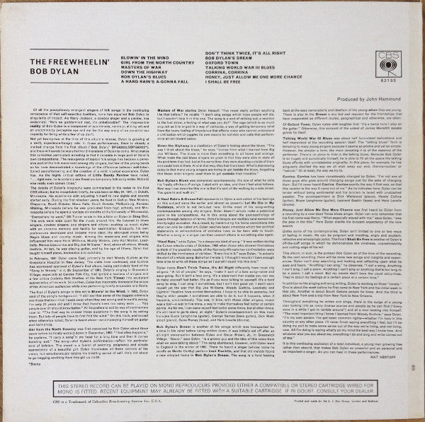 Image of Back Cover of LP - VG/G+ - BOB DYLAN, The Freewheelin' Bob Dylan (CBS Smooth Orange (33 1/3 On Label); 62193, UK 1973 Reissue, Non-Flipback Laminated Front E.J. Day Sleeve, Stereo), Side 1 is strong VG+, Side 2 is quite fogged and plays with a little surface noise, Light sleeve wear. ,  - 1416224C