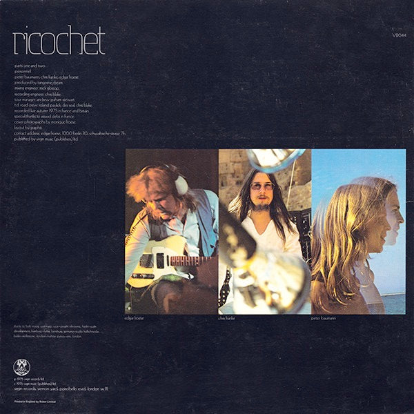 Image of Back Cover of LP - VG/VG+ - TANGERINE DREAM, Ricochet (Virgin Tan Labels; V 2044, UK 1975), Edge and Ring Wear,  - 1726217E