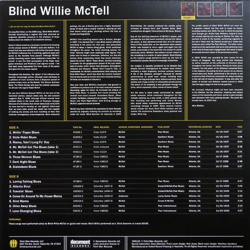 Image of Back Cover of 3514187C: LP - BLIND WILLIE MCTELL, Volume 1 - Complete Recorded Works In Chronological Order, Oct 18, 1927 to Nov 29, 1929 (Document/ Third Man; TMR155, US 2013) Still In Shrinkwrap  EX/EX