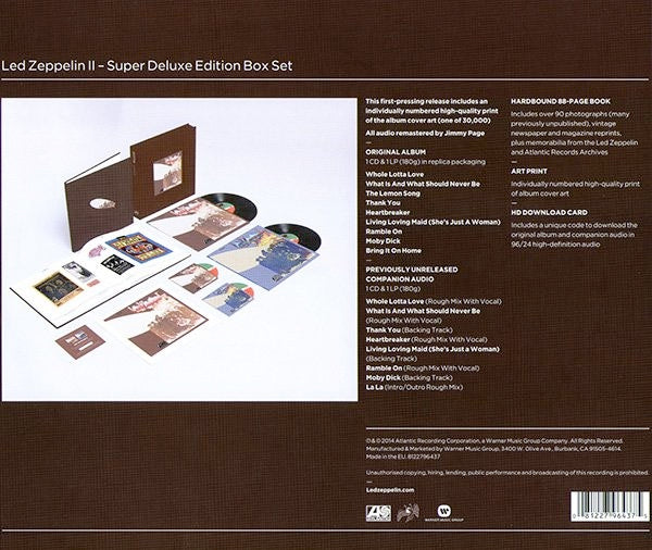 Image of Back Cover of 4xLP - VG/EX - LED ZEPPELIN, Led Zeppelin II (Atlantic  ; 8122796437, Europe 2014 Reissue, Super Deluxe Box Set, Book, Print, 2 LPS and 2 CDs, Numbered Limited edition of 30,000), Minor Edge Wear and Scuffs,  - 2626201E
