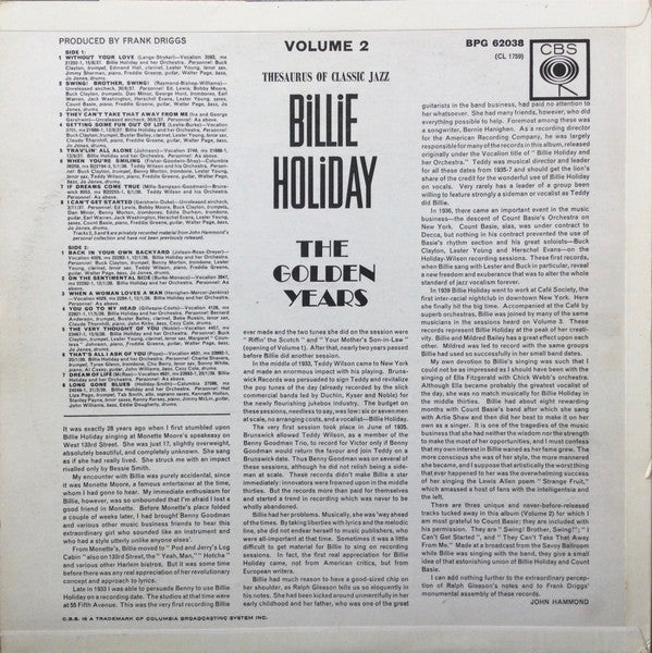 Image of Back Cover of LP - VG/VG+ - BILLIE HOLIDAY  , The Golden Years Volume Two (CBS Orange (33 On Label); BPG 62038, UK 1962, Laminated Flipback Sleeve), ,  - 3626123E