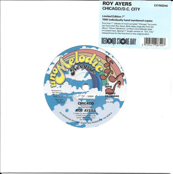 Image of Front Cover of 7" - EX/EX - ROY AYERS, Chicago / D.C. City (Expansion Records; EX7RSD40, UK 2021, Stickered white sleeve, Record Store Day June Drop 2021, Hand Numbered Limited Edition of 1000), No: 434/1000, First time 7  release of much sampled  Chicago  by iconic jazz funk artist Roy Ayers. Both sides originally from the album  Silver Vibrations  on Roy s Uno Melodic label re-created on label art here. Special 7  length version of  D.C. City  released here for the first time on the original labe