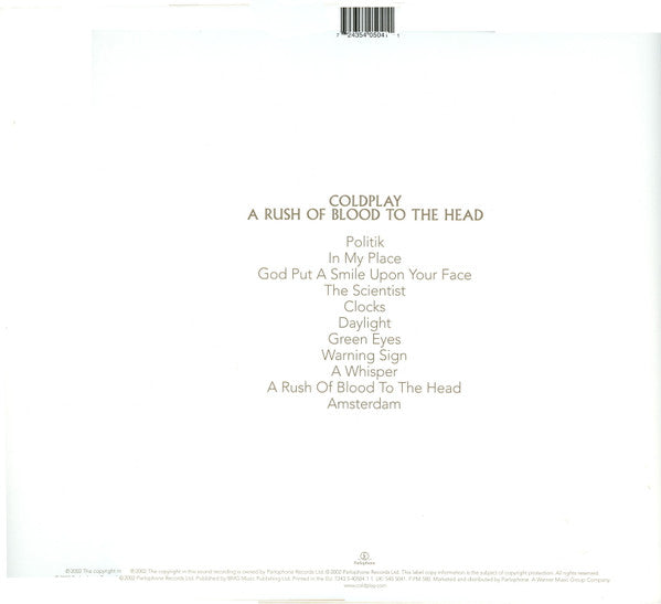 Image of Back Cover of 4344013S: LP - COLDPLAY, A Rush Of Blood To The Head (Parlophone; 0724354050411 , Europe 2013 Reissue, Gatefold, Inner, 180 Gram Vinyl) a couple of edge creases  VG/VG+