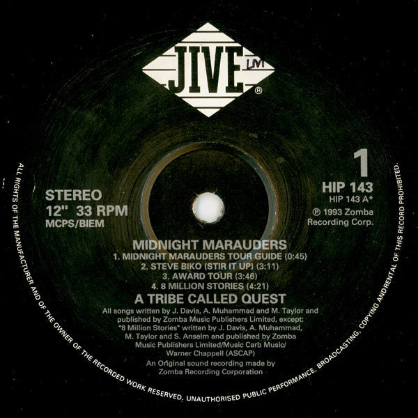 Image of Label Cover of 2xLP - VG/G+ - A TRIBE CALLED QUEST, Midnight Marauders (Jive ; HIP 143, Europe 1993, Released with No Inners), Corner crease and old shop sticker on cover. Plays with light surface noise.,  - 3046061S