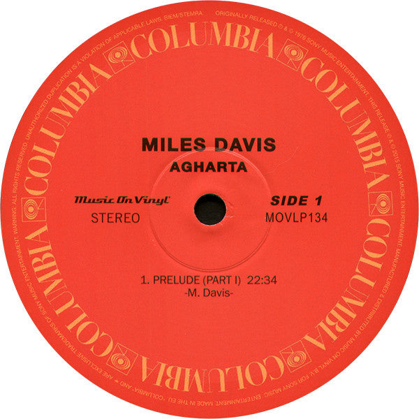 Image of Label Cover of 2xLP - VG+/VG+ - MILES DAVIS, Agharta (Music On Vinyl  ; MOVLP134, Europe 2015 Reissue, Gatefold, 180 Gram Vinyl), ,  - 2946213S