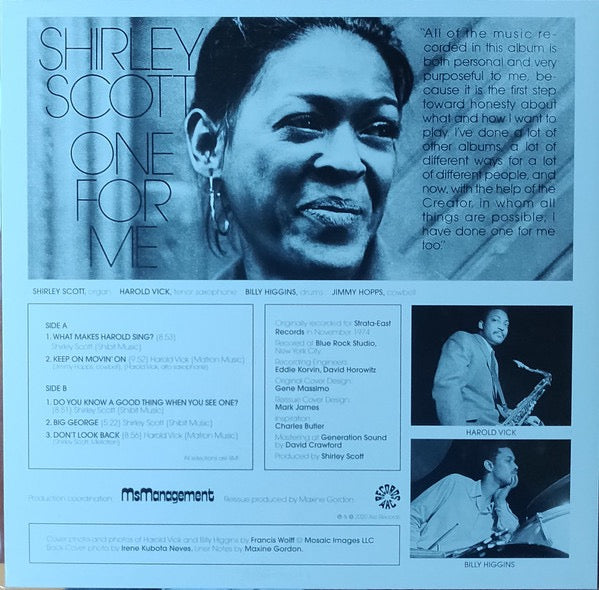 Image of Back Cover of LP - VG/VG+ - SHIRLEY SCOTT WITH HAROLD VICK AND BILLY HIGGINS, One For Me (Arc Records   ; ARC003, UK 2020 Reissue, Inner, With Obi), Light shelf wear. Obi is slightly torn. Disc is clean.,  - 4216062C