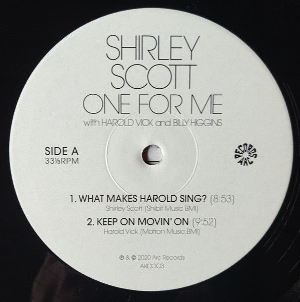 Image of Label Cover of LP - VG/VG+ - SHIRLEY SCOTT WITH HAROLD VICK AND BILLY HIGGINS, One For Me (Arc Records   ; ARC003, UK 2020 Reissue, Inner, With Obi), Light shelf wear. Obi is slightly torn. Disc is clean.,  - 4216062C