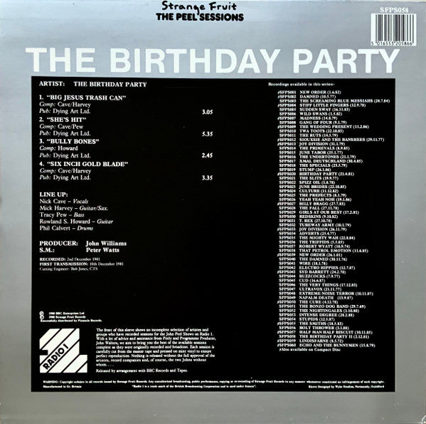 Image of Back Cover of 12" - VG/VG+ - THE BIRTHDAY PARTY, Peel Sessions (Big Jesus Trash Can) (Strange Fruit; SFSP058, UK 1988, Picture Sleeve), ,  - 4426242E