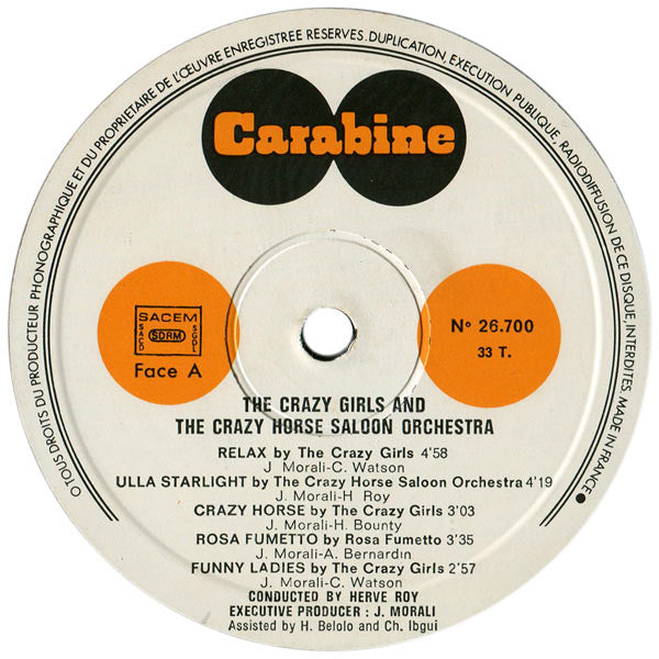 Image of Label Cover of 1624118E: LP - THE CRAZY GIRLS AND THE CRAZY HORSE SALOON ORCHESTRA, Crazy Horse Saloon (Carabine  ; 26 700, France 1974, Gatefold, Insert) Lots of light marks. Comes with insert and gig programme.   VG/G