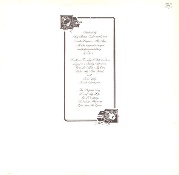 Image of Back Cover of LP - VG/VG - QUEEN, A Night At The Opera (EMI; EMTC 103, UK 1975, Embossed Gatefold Sleeve, Inner With 3 Cut Corners, Side 1 YAX 5063-2 / Side 2 YAX 5064-3 & Blairs.), Two Scuffs on Front Sleev,  - 2526132E