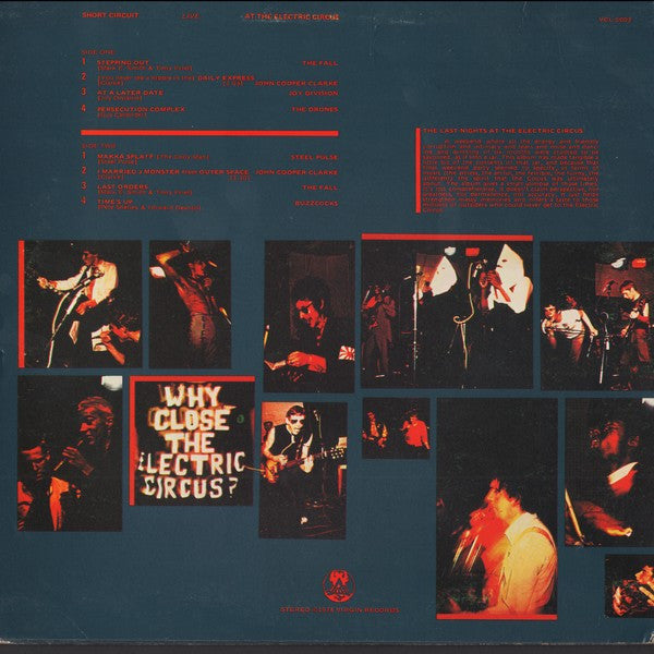 Image of Back Cover of 10" LP - VG/VG+ - VARIOUS - FALL, JOY DIVISION, BUZZCOCKS, Short Circuit Live At The Electric Circus (Virgin  ; VCL 5003, UK 1978, Inner, No Poster, No 7", Stickered Sleeve, Blue Vinyl), Edge Wear,  - 2626206E