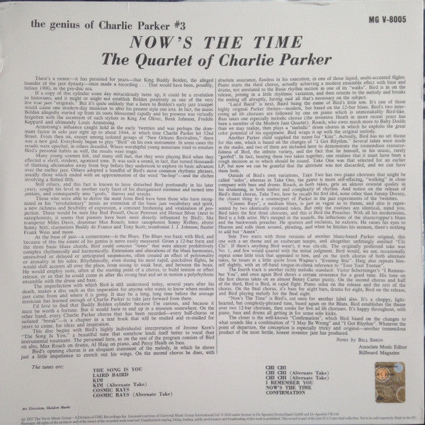 Image of Back Cover of LP - VG+/VG+ - THE QUARTET OF CHARLIE PARKER, Now's The Time (Verve Records  ; MGV-8005, UK 2016 Reissue, No Booklet, 180g), ,  - 2026083E