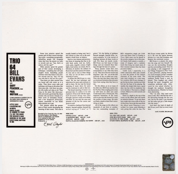 Image of Back Cover of LP - VG+/VG+ - BILL EVANS, Trio 64 (Verve Records  ; 00600753545010, UK & Ireland 2016 Reissue, Picture Sleeve, 180 Gram Vinyl), ,  - 2646205S