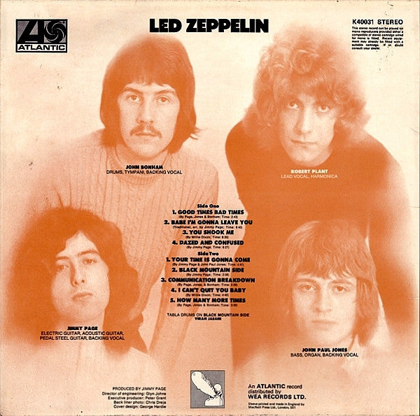 Image of Back Cover of LP - VG/VG - LED ZEPPELIN, Led Zeppelin (Atlantic Orange & Green With W Logo On Label Rim; K40031, UK 1974 Reissue, Laminated Sleeve), Strong VG, Lightest of marks, Glossy disc, Light sleeve wear,  - 1916075C