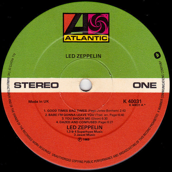 Image of Label Cover of LP - VG/VG - LED ZEPPELIN, Led Zeppelin (Atlantic Orange & Green With W Logo On Label Rim; K40031, UK 1974 Reissue, Laminated Sleeve), Strong VG, Lightest of marks, Glossy disc, Light sleeve wear,  - 1916075C