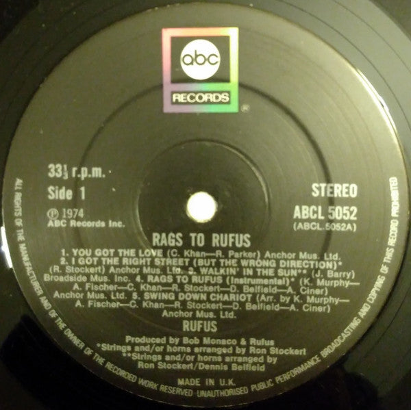 Image of Label Cover of LP - VG/VG - RUFUS FEATURING CHAKA KHAN, Rags To Rufus (ABC Records; ABCL-5052, UK 1974, Picture Sleeve), Some wear at edges and corners of sleeve,  - 3416364C
