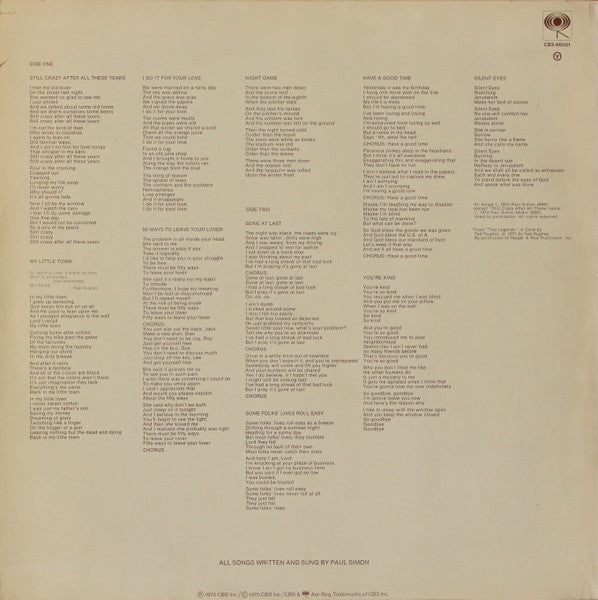 Image of Back Cover of LP - VG/VG+ - PAUL SIMON, Still Crazy After All These Years (CBS Sunburst; S 86001, Netherlands 1975, Inner), Writing on back of sleeve. ,  - 4126349E