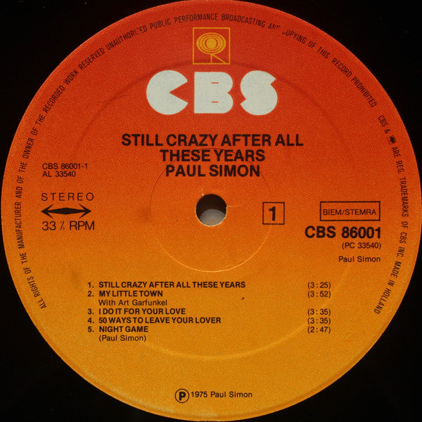 Image of Label Cover of LP - VG/VG+ - PAUL SIMON, Still Crazy After All These Years (CBS Sunburst; S 86001, Netherlands 1975, Inner), Writing on back of sleeve. ,  - 4126349E