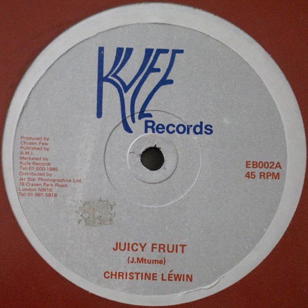 Image of Front Cover of 12" - VG/VG - CHRISTINE LEWIN, Juicy Fruit (Kufe Records; EB002, UK 1984, Company Sleeve, 115 Gram Vinyl), Light marks, plays above grade. In Pinnacle distribution sleeve.,  - 2916050C