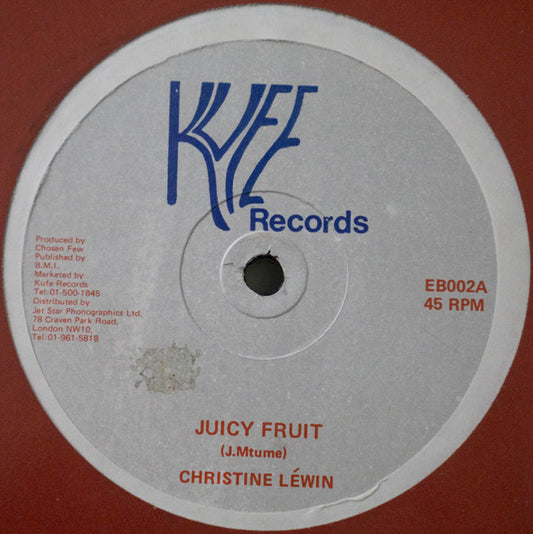 Image of Front Cover of 12" - VG/VG - CHRISTINE LEWIN, Juicy Fruit (Kufe Records; EB002, UK 1984, Company Sleeve, 115 Gram Vinyl), Light marks, plays above grade. In Pinnacle distribution sleeve.,  - 2916050C