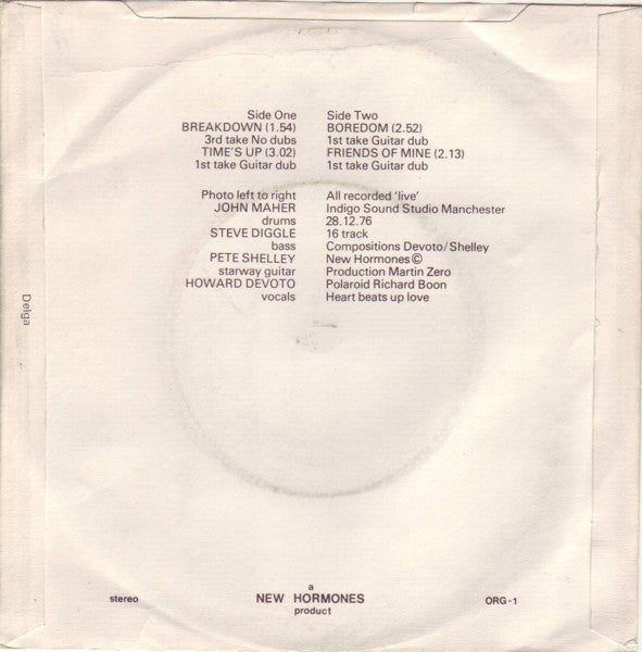 Image of Back Cover of 1124132E: 7" EP - BUZZCOCKS, Spiral Scratch (New Hormones; ORG 1, UK 1979 Reissue, Picture Sleeve, 2nd Issue, "With Howard Devoto") Very Strong VG+, Light Ring Wear  VG+/VG+