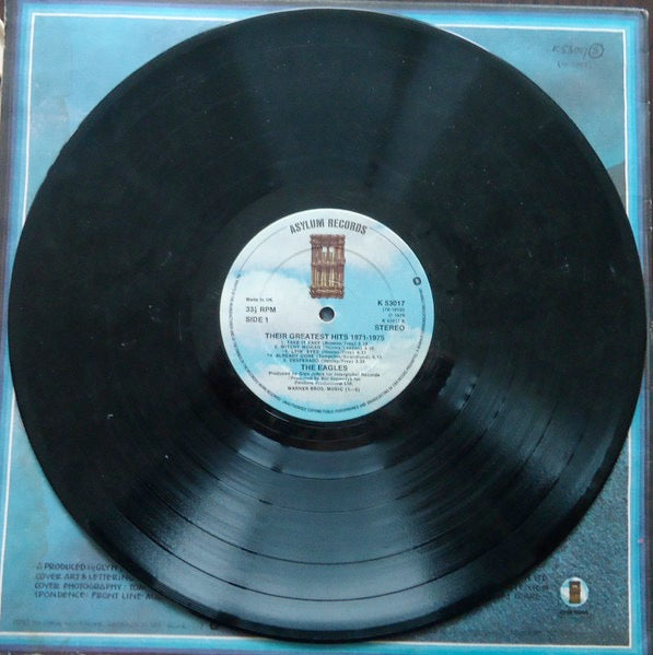 Image of Label Cover of LP - VG/G+ - EAGLES, Their Greatest Hits 1971-1975 (Asylum Records Door Label; K 53017, UK 1976, Embossed Sleeve, "Made In UK" On Labels. ARUN in runout), Light marks only,  - 4316410C