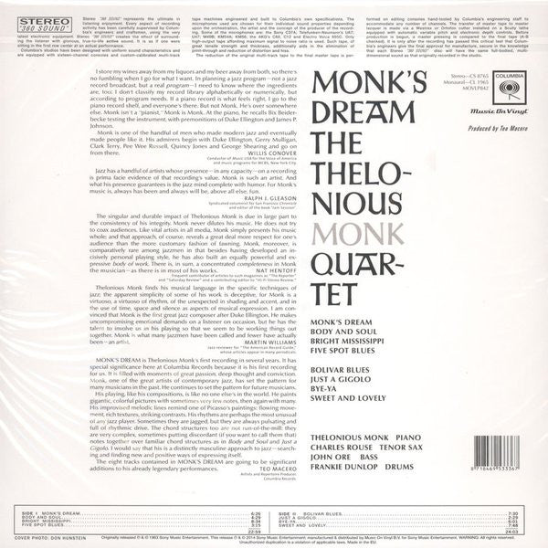 Image of Back Cover of 1814608C: LP - THE THELONIOUS MONK QUARTET, Monk's Dream (Music On Vinyl ; MOVLP842, Europe 2014 Reissue, 180 Gram Vinyl)   NEW/NEW