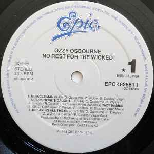 Image of Label Cover of 5144364S: LP - OZZY OSBOURNE, No Rest For The Wicked (Epic ; EPC 462581 1, Europe 1988, Inner) Light edge wear  VG/VG+