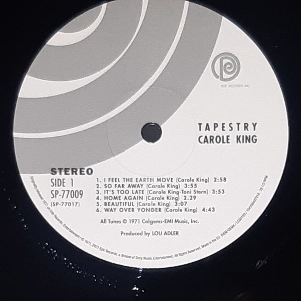 Image of Label Cover of LP - NEW/NEW - CAROLE KING, Tapestry (Ode Records; 19439840701, Europe 2021 Reissue, Gatefold, Inner), , Carole King brought the fledgling singer / songwriter phenomenon to the masses with Tapestry, one of the most successful albums in pop music history. A remarkably expressive and intimate record, it's a work of consummate craftsmanship. Always a superior pop composer, King reaches even greater heights as a performer; new songs like the hits 'It's Too Late' and 'I Feel the Earth Mov