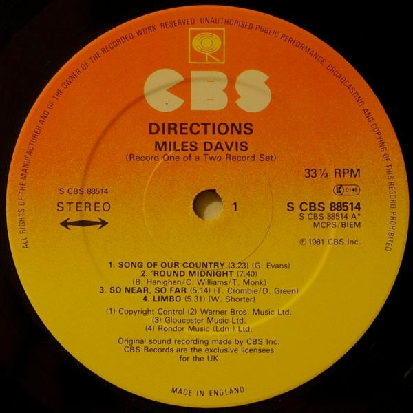 Image of Label Cover of 2xLP - VG/VG - MILES DAVIS, Directions (CBS; 88514, UK 1981, Gatefold), ,  - 2826044E