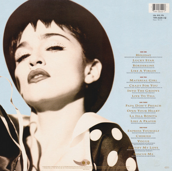 Image of Back Cover of 2xLP - VG/VG - MADONNA, The Immaculate Collection (Sire; 7599-26440-1, Europe 1990, Gatefold, 2 Inners, "GEMA/BIEM" Rights Box, No "Sterling" In Runouts), ,  - 2826376E