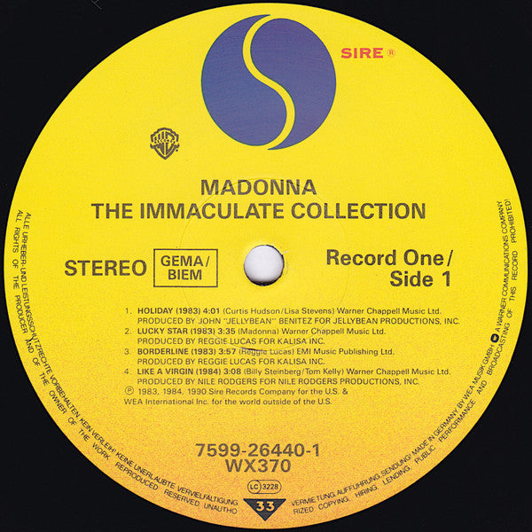 Image of Label Cover of 2xLP - VG/VG - MADONNA, The Immaculate Collection (Sire; 7599-26440-1, Europe 1990, Gatefold, 2 Inners, "GEMA/BIEM" Rights Box, No "Sterling" In Runouts), ,  - 2826376E