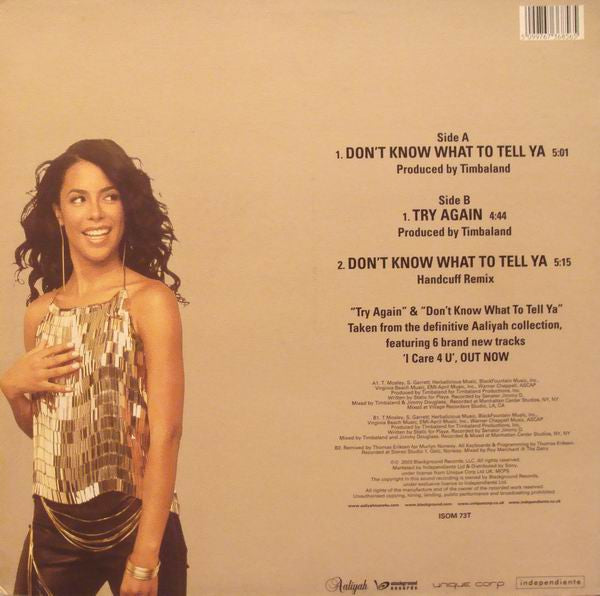 Image of Back Cover of 12" - VG/VG+ - AALIYAH, Don't Know What To Tell Ya (Independiente ; ISOM 73T, UK 2003, Picture Sleeve), Spine damage.,  - 3816316C