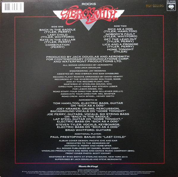 Image of Back Cover of LP - VG/EX - AEROSMITH, Rocks (Music On Vinyl ; MOVLP977, Europe 2014 Reissue, Insert, 180 Gram Vinyl, Record Store Day Limited Release 2014, Numbered), Scuffs And Scratches On Front Sleeve,  - 0626338E