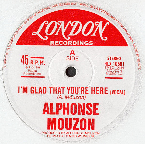 Image of Front Cover of 12" - VG/VG+ - ALPHONSE MOUZON, I'm Glad That You're Here (London Records ; HLX 10581, UK 1981, Company Sleeve), Ringwear on company sleeve.,  - 1546102S