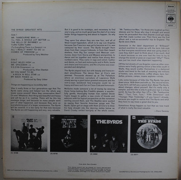 Image of Back Cover of LP - VG/VG+ - THE BYRDS, Greatest Hits (CBS Sunburst Labels; 63107, UK 1970s Reissue, Stereo), Clean glossy disc, One pinch to spine, Clean sleeve,  - 3916199C